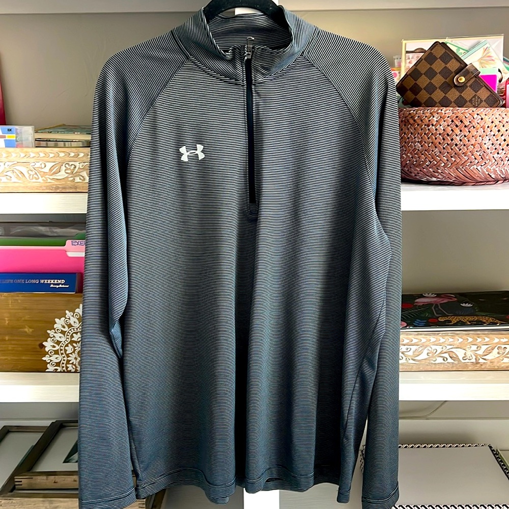 Under Armour quarter zip pullover. Black/gray pinstripe. Size XL.
